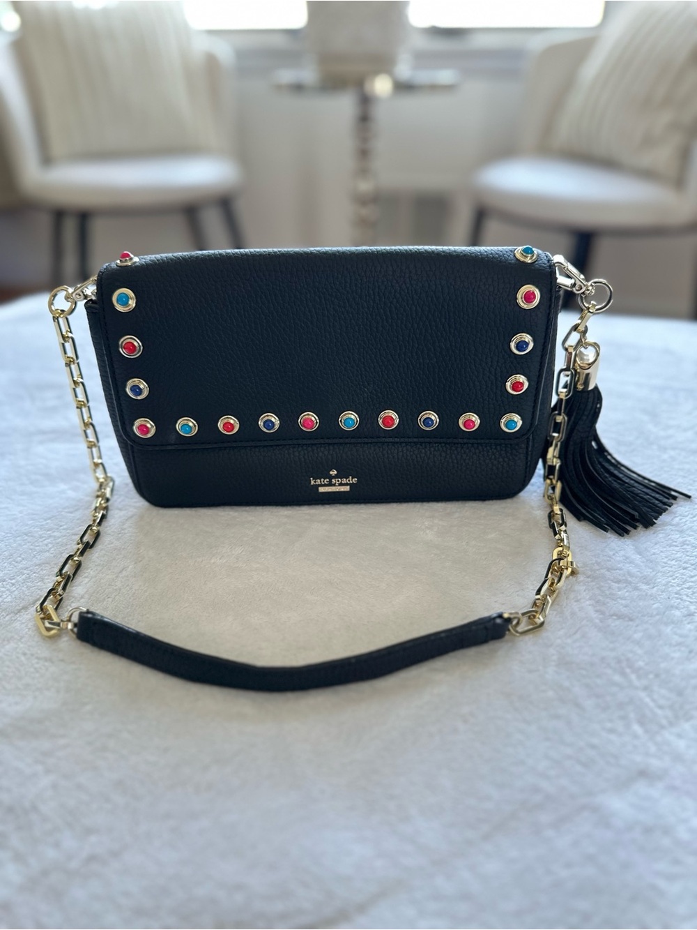kate spade Black Leather Crossbody with Multicolor Studs and Tassel